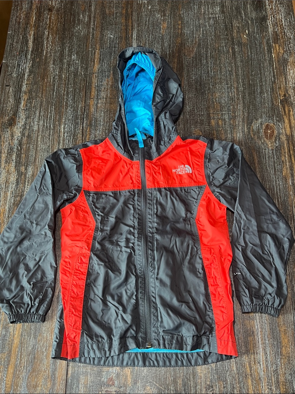 The North Face Kids Black & Red Hooded Rain Jacket with Blue Lining